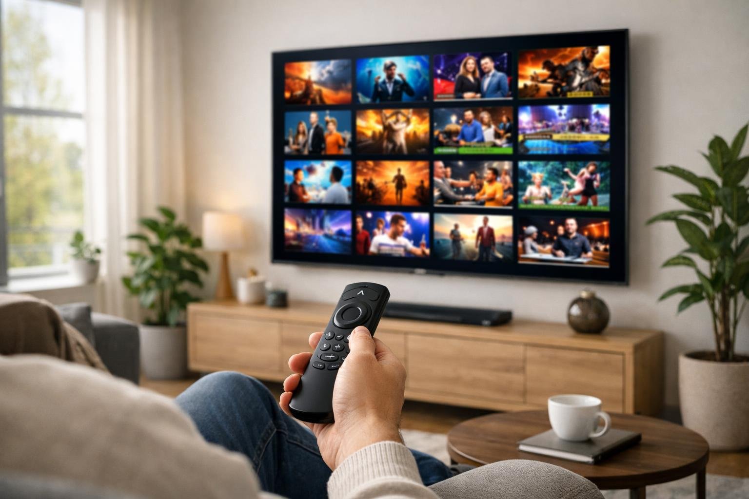 En person som sitter i ett vardagsrum och använder en Android-fjärrkontroll för att styra en TV med IPTV-gränssnitt på skärmen.