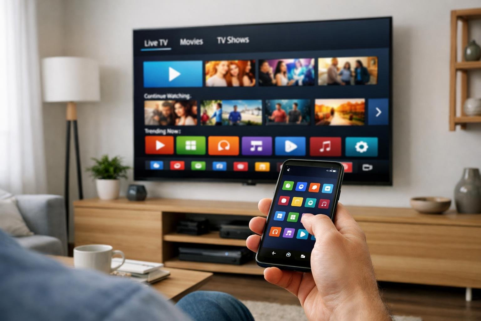 En person i ett modernt vardagsrum som använder en Android-telefon för att styra en tv med IPTV-gränssnitt.
