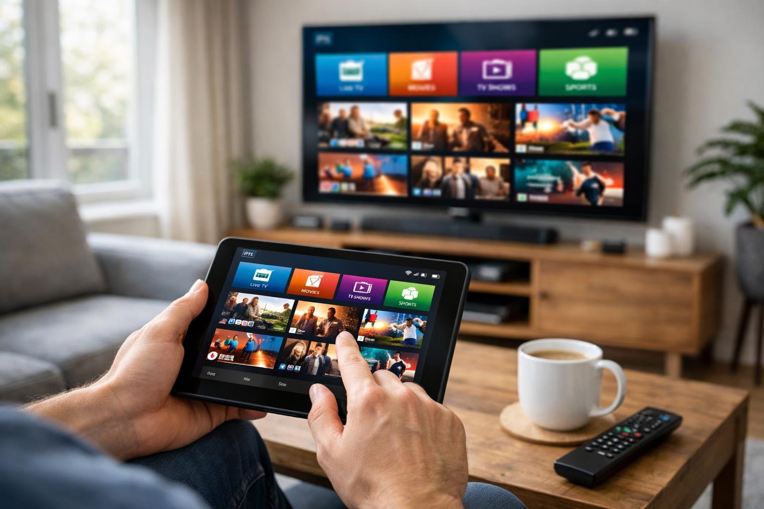 En person som använder en Android-enhet för att titta på IPTV i ett modernt vardagsrum med en TV i bakgrunden.