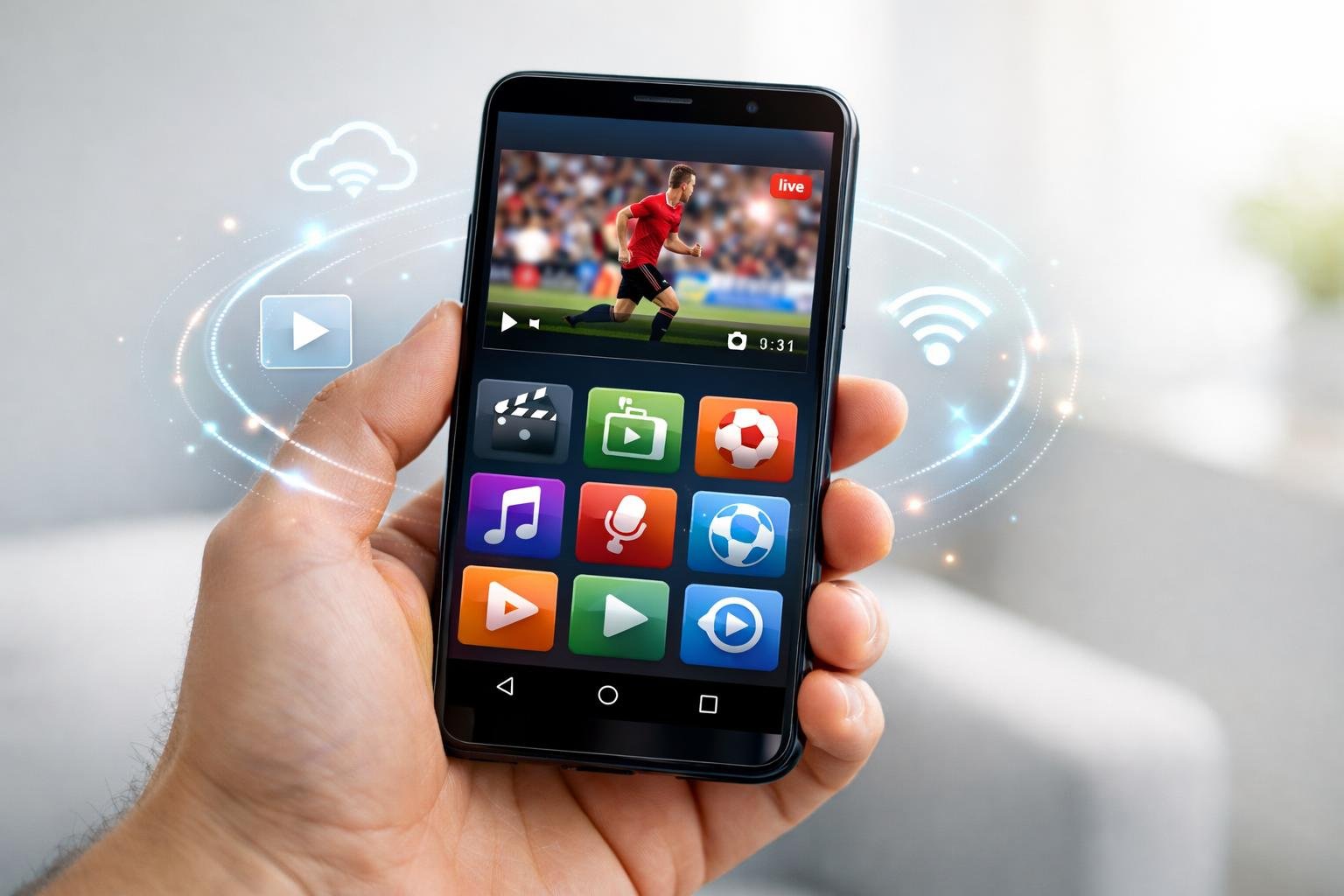 En hand som håller en Android-smartphone med en IPTV-app på skärmen som visar kanalikoner och en videospelare.