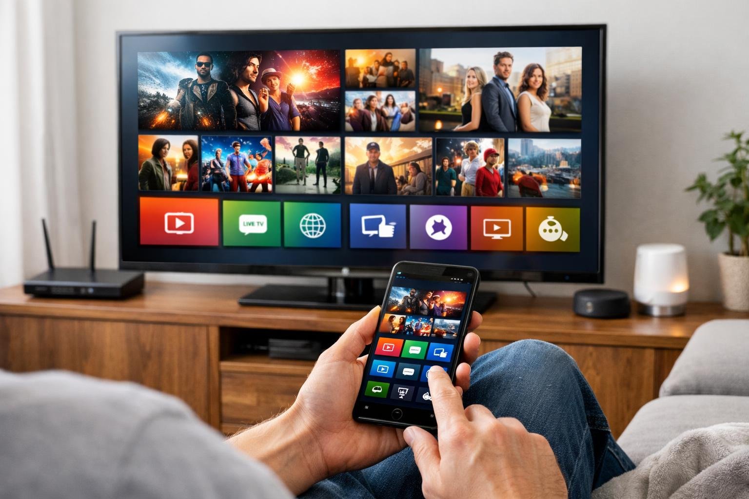 En person sitter i ett vardagsrum och använder en Android-enhet medan en stor TV visar en IPTV-app med olika medieikoner.