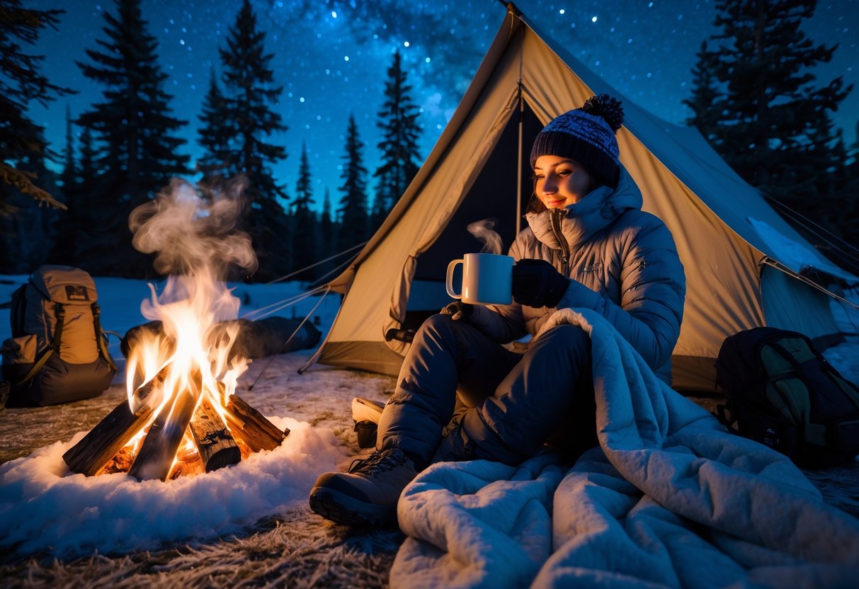 A person sitting by a campfire at night in cold weather, wrapped in a blanket near a tent surrounded by snowy trees.