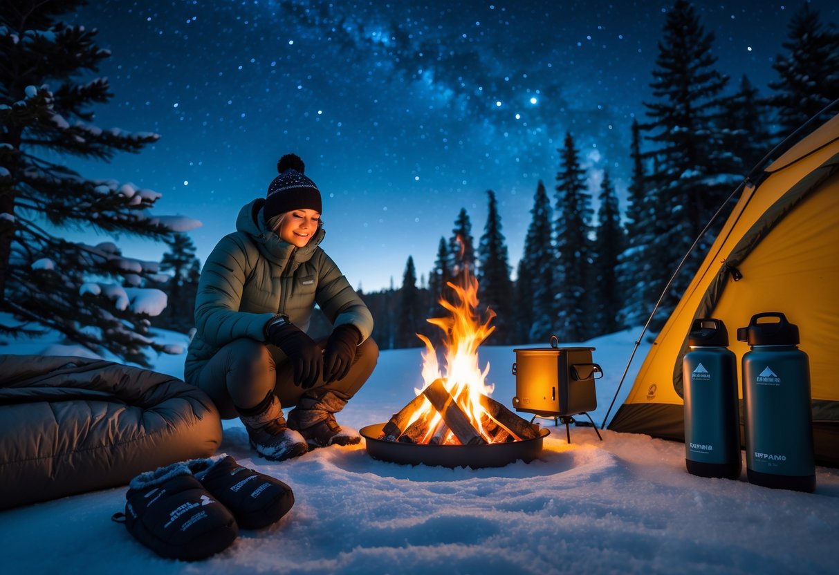 A person wearing warm clothing sits by a campfire at night surrounded by camping gear and snow-covered trees.