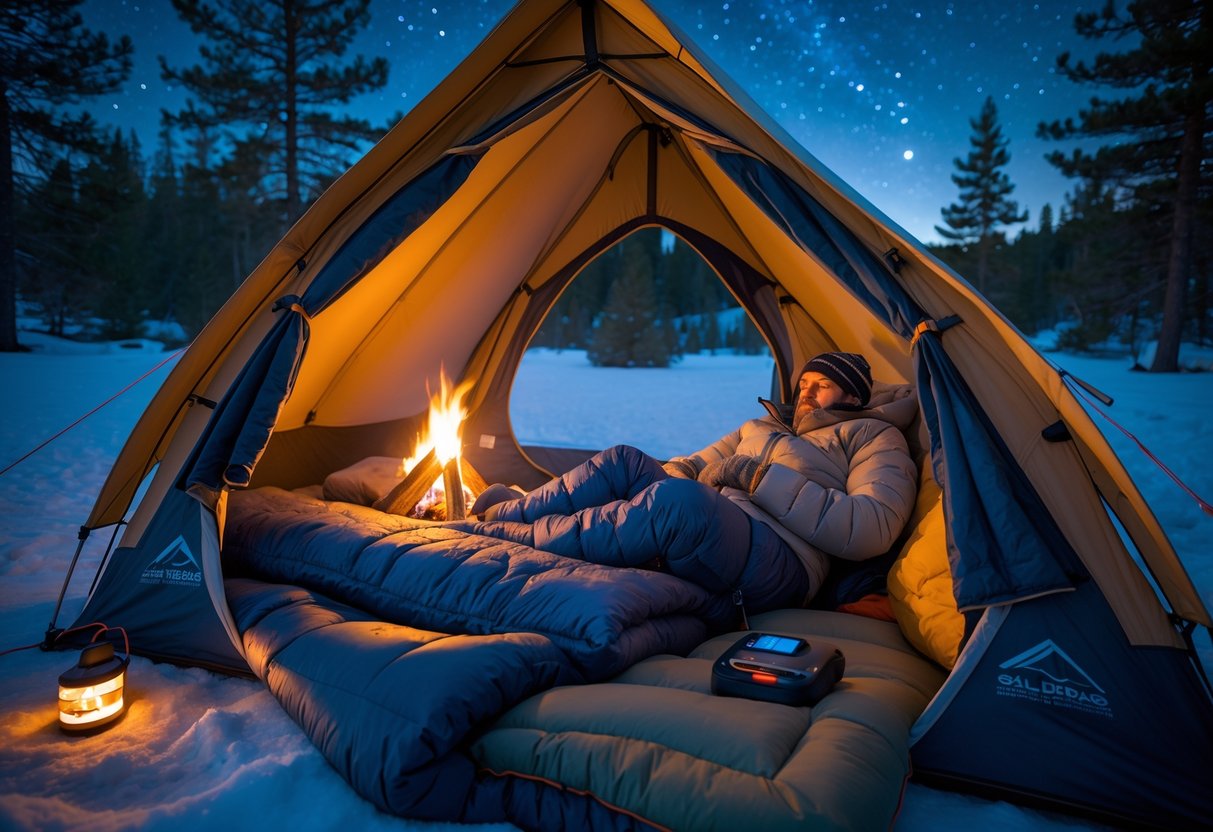 A camper inside a tent at night in a snowy forest, wrapped in warm clothing and a sleeping bag, with a small campfire glowing outside.
