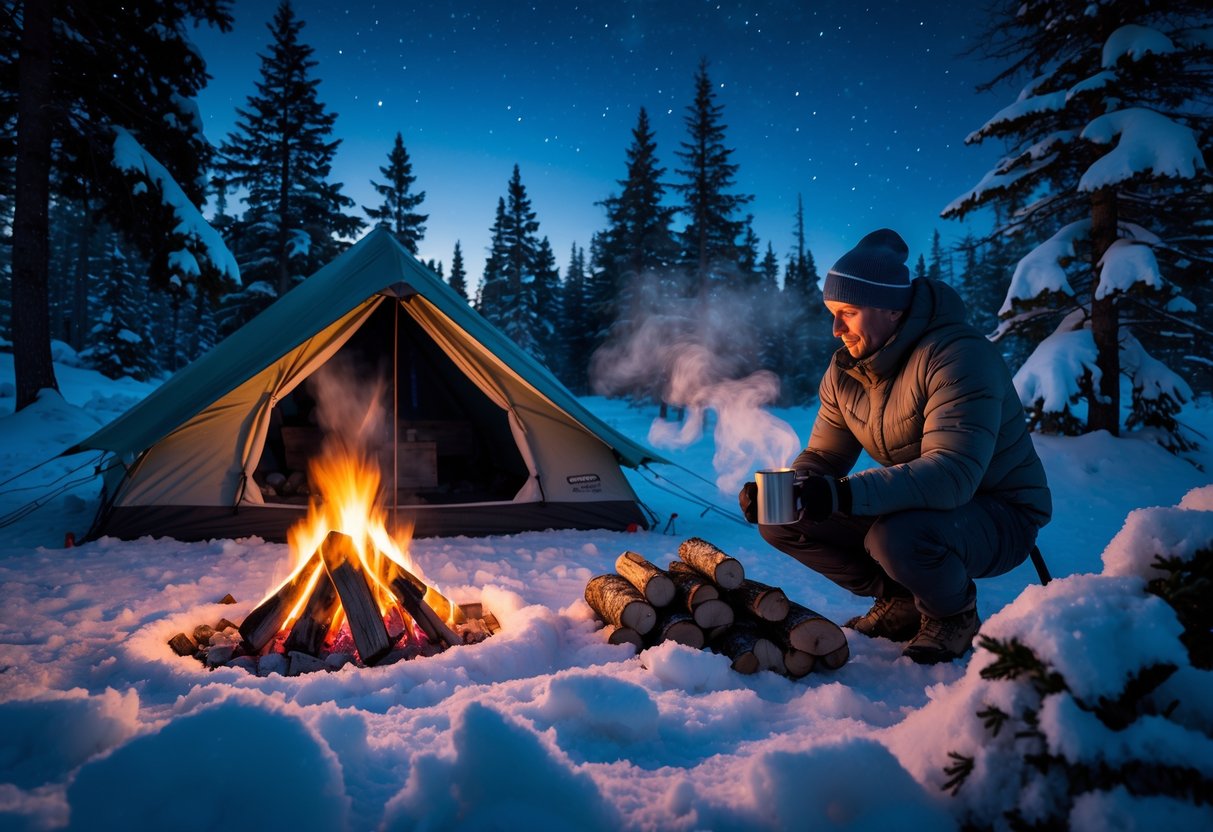 A snowy campsite with a tent, campfire, and a person dressed in winter clothes tending the fire surrounded by snow-covered trees at dusk.