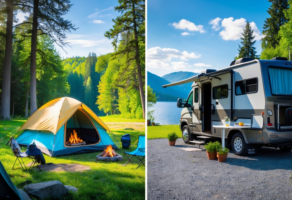 A split scene showing a colorful tent pitched in a forest clearing on one side and a modern RV parked by a lakeside campsite with mountains in the background on the other side.