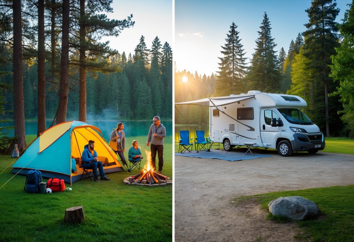 A split outdoor scene showing a family camping with a tent on one side and a camper van parked near a lake on the other side.