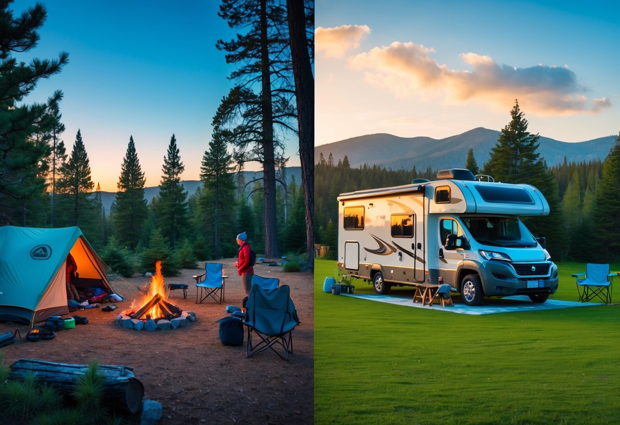 A campsite split into two scenes: on one side, a pitched tent with a campfire and camping gear in a forest; on the other side, a modern RV with outdoor seating and a family enjoying nature.