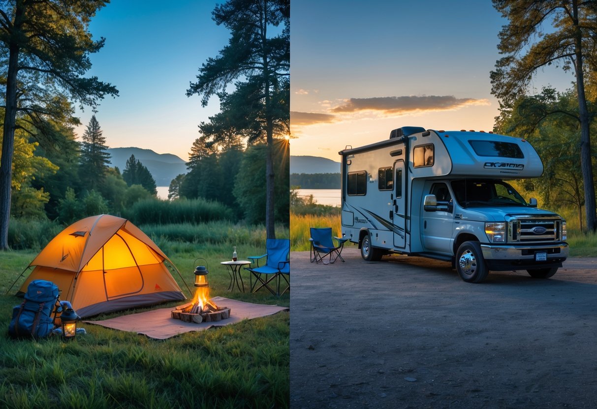 A tent pitched in a forest clearing next to a parked RV with camping chairs and a table, set in a natural outdoor environment during sunset.