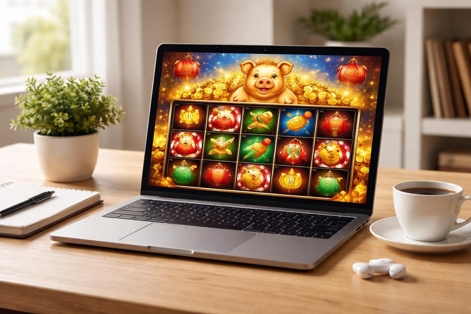 Meja kerja dengan laptop yang menampilkan permainan online bertema babi keberuntungan dan koin emas, dengan alat tulis dan secangkir kopi di sekitarnya.