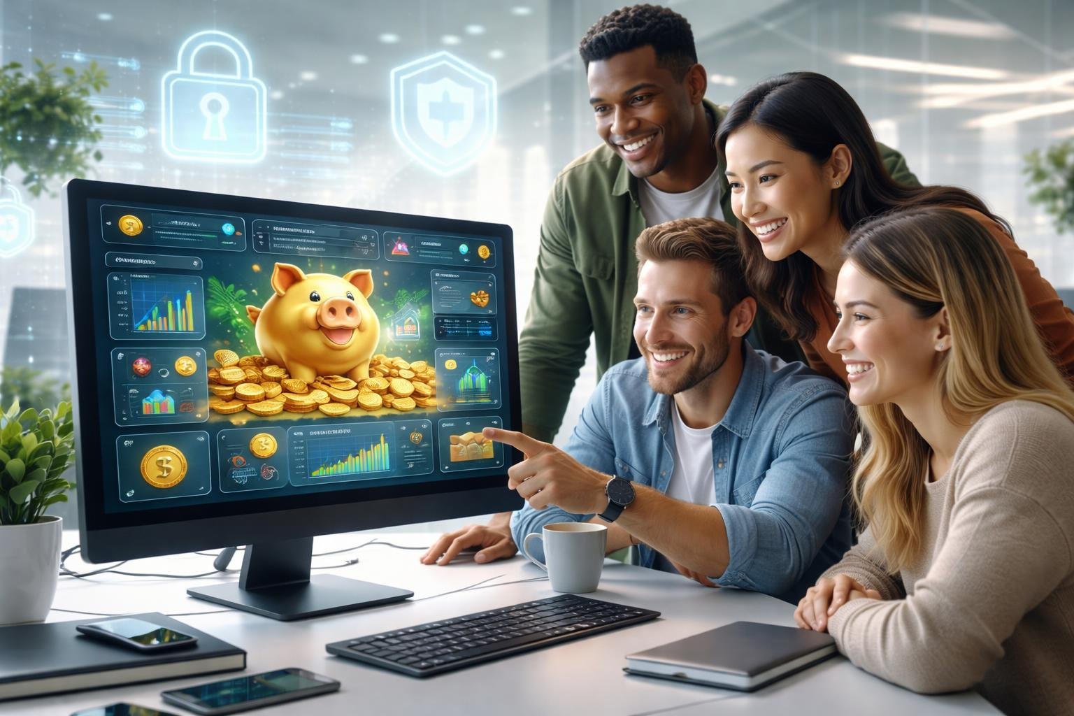 Beberapa profesional muda bekerja bersama di depan komputer dengan tampilan grafik dan ikon keuangan, menunjukkan suasana kerja yang aman dan terorganisir.