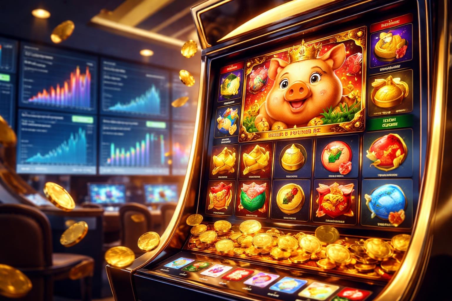 Mesin slot dengan simbol babi dan koin emas di kasino modern dengan layar grafik di latar belakang.