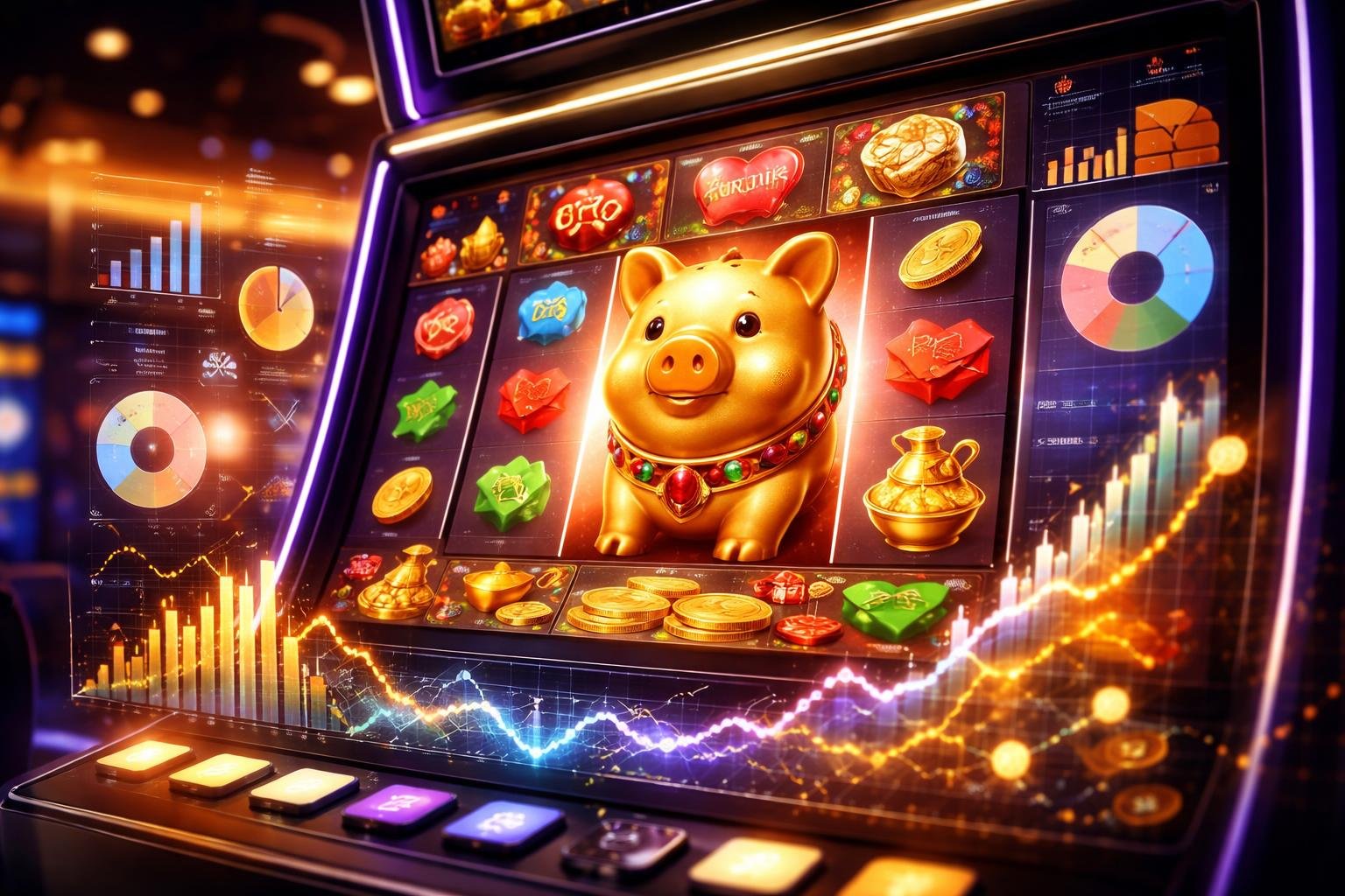 Layar mesin slot digital dengan simbol babi emas dan koin, dikelilingi grafik data dan diagram yang menggambarkan konsep RTP dan volatilitas.