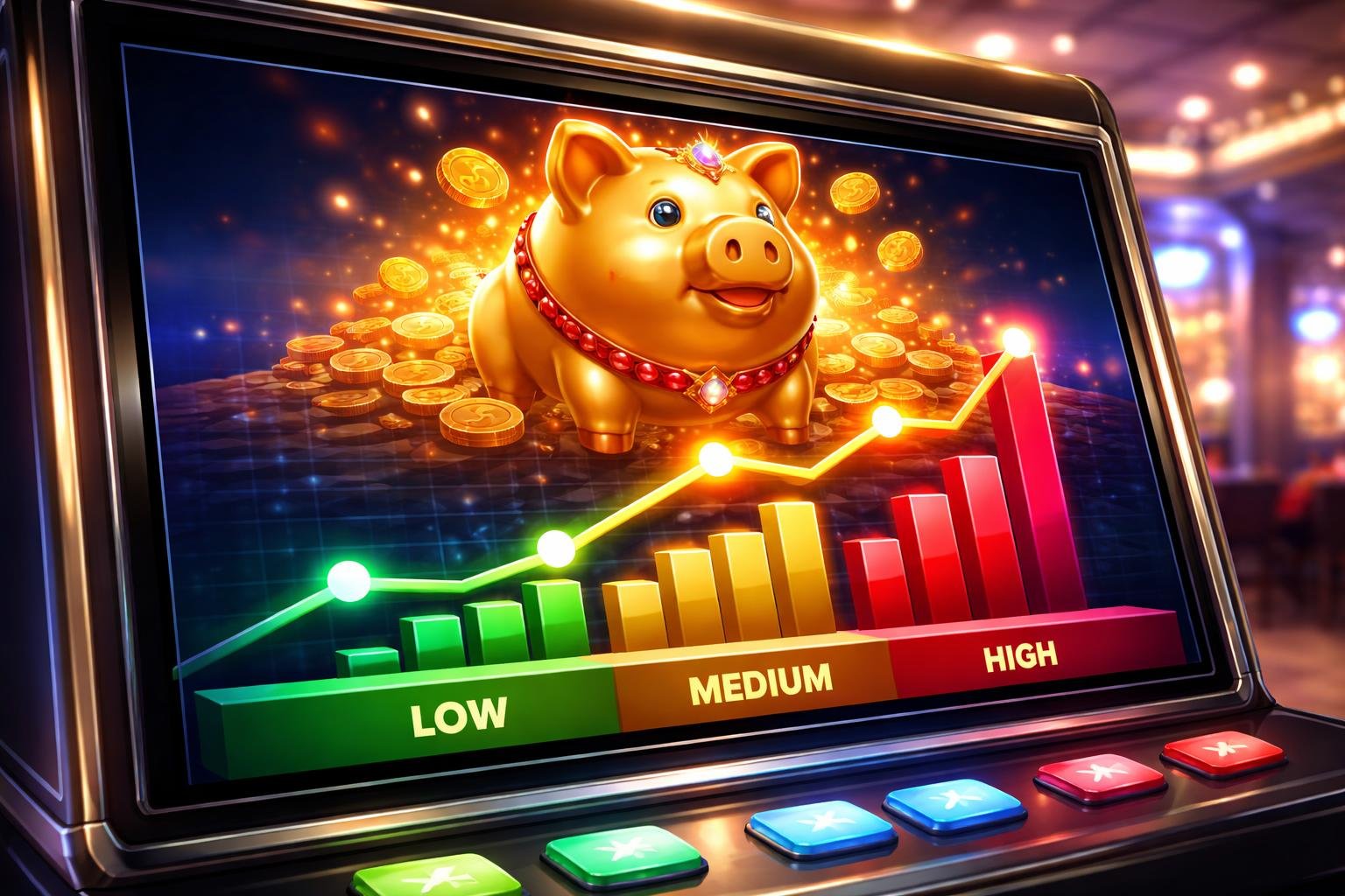 Sebuah mesin slot digital menampilkan simbol babi emas dengan grafik volatilitas rendah, sedang, dan tinggi di latar belakang kasino.
