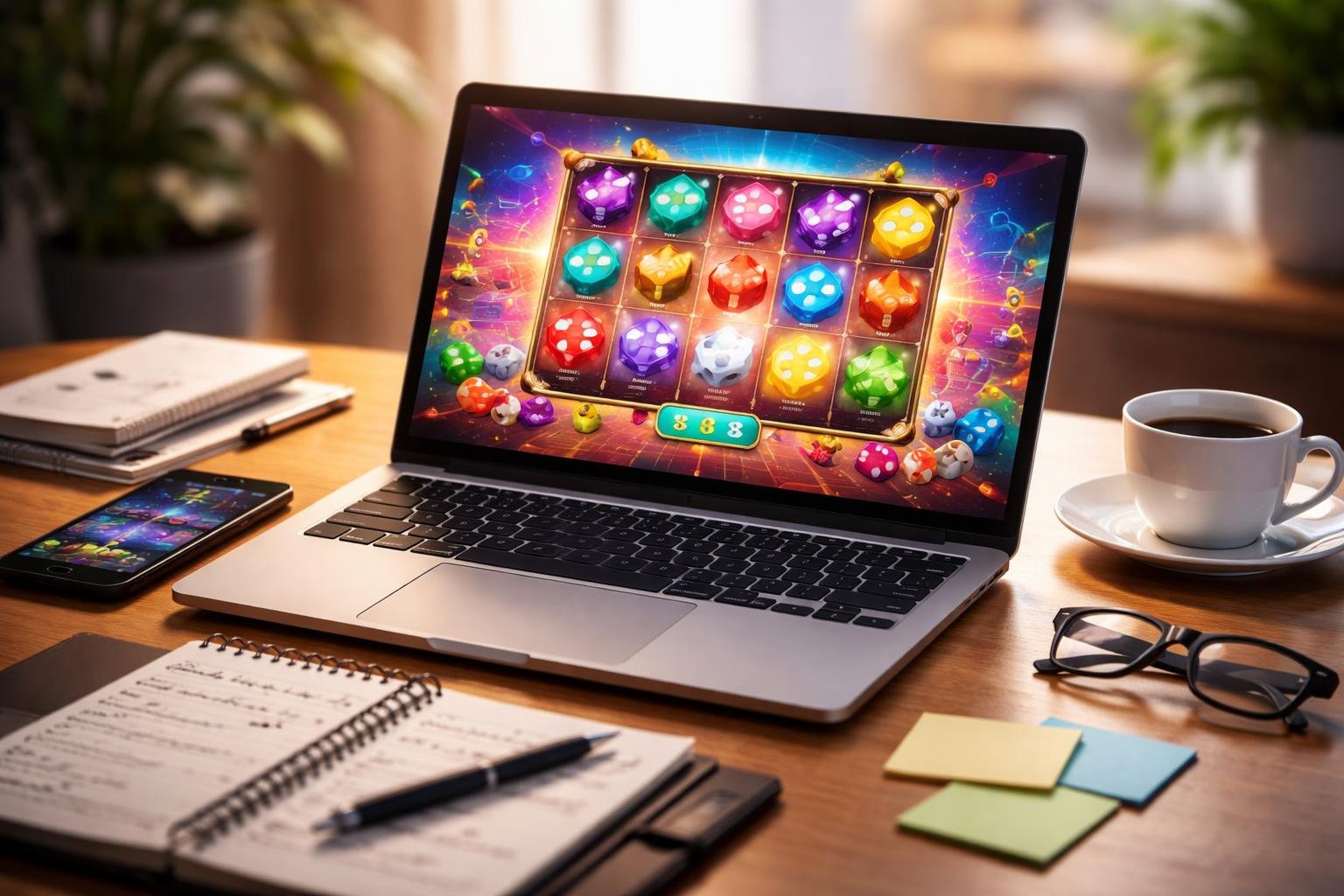 Seorang pemain atau analis sedang duduk di meja dengan laptop yang menampilkan permainan slot bertema permen dan dadu, dikelilingi catatan, ponsel, dan secangkir kopi.