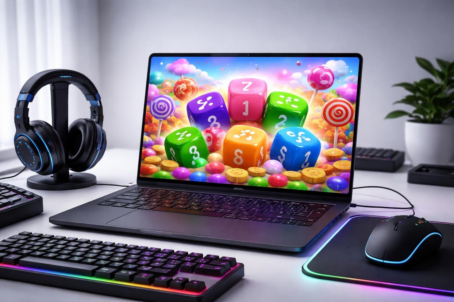 Sebuah setup gaming modern dengan komputer menampilkan grafik dadu dan permen berwarna-warni, dikelilingi aksesori gaming di meja bersih dan pencahayaan lembut.