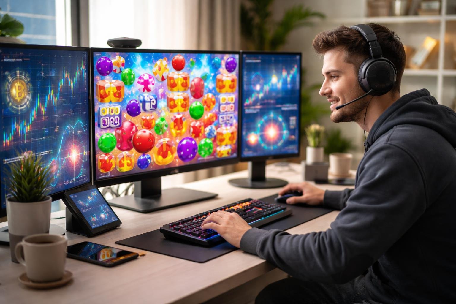 Seorang pemain muda duduk di depan komputer dengan beberapa layar menampilkan grafik warna-warni dari permainan Sweet Bonanza 1000 Dice di ruang kerja modern.