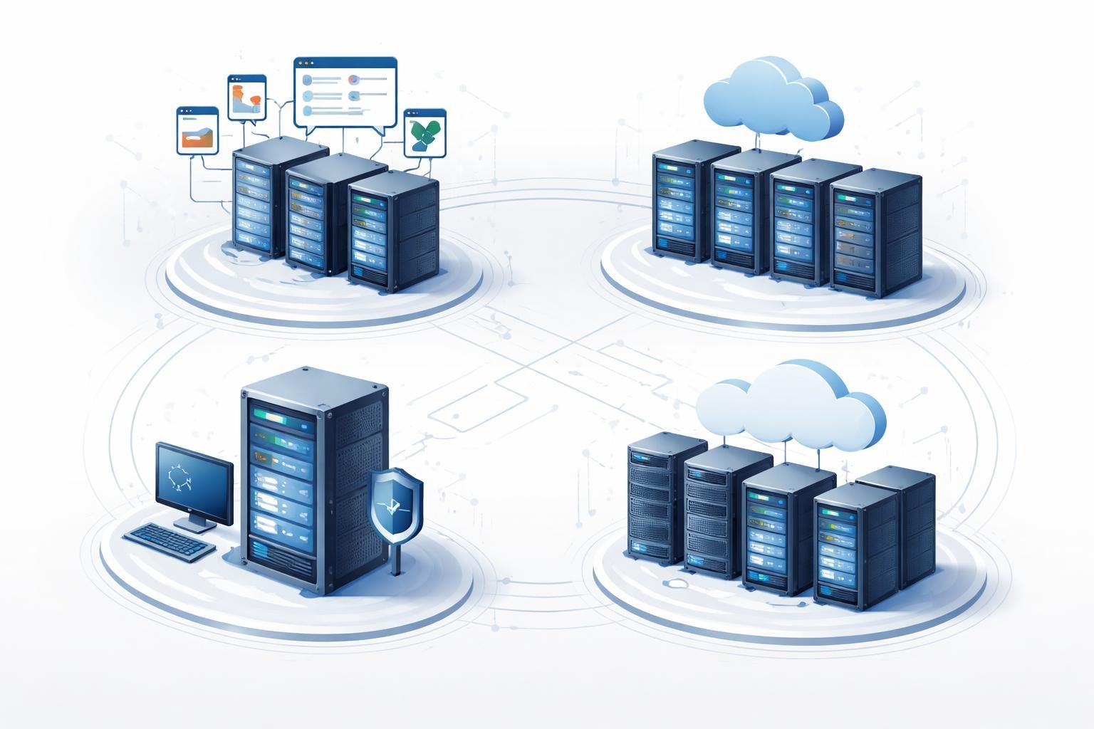 Web Hosting Types Explained: Comprehensive Guide to Hosting Options 1 Four different server setups representing shared, VPS, dedicated, and cloud web hosting types connected by network lines.