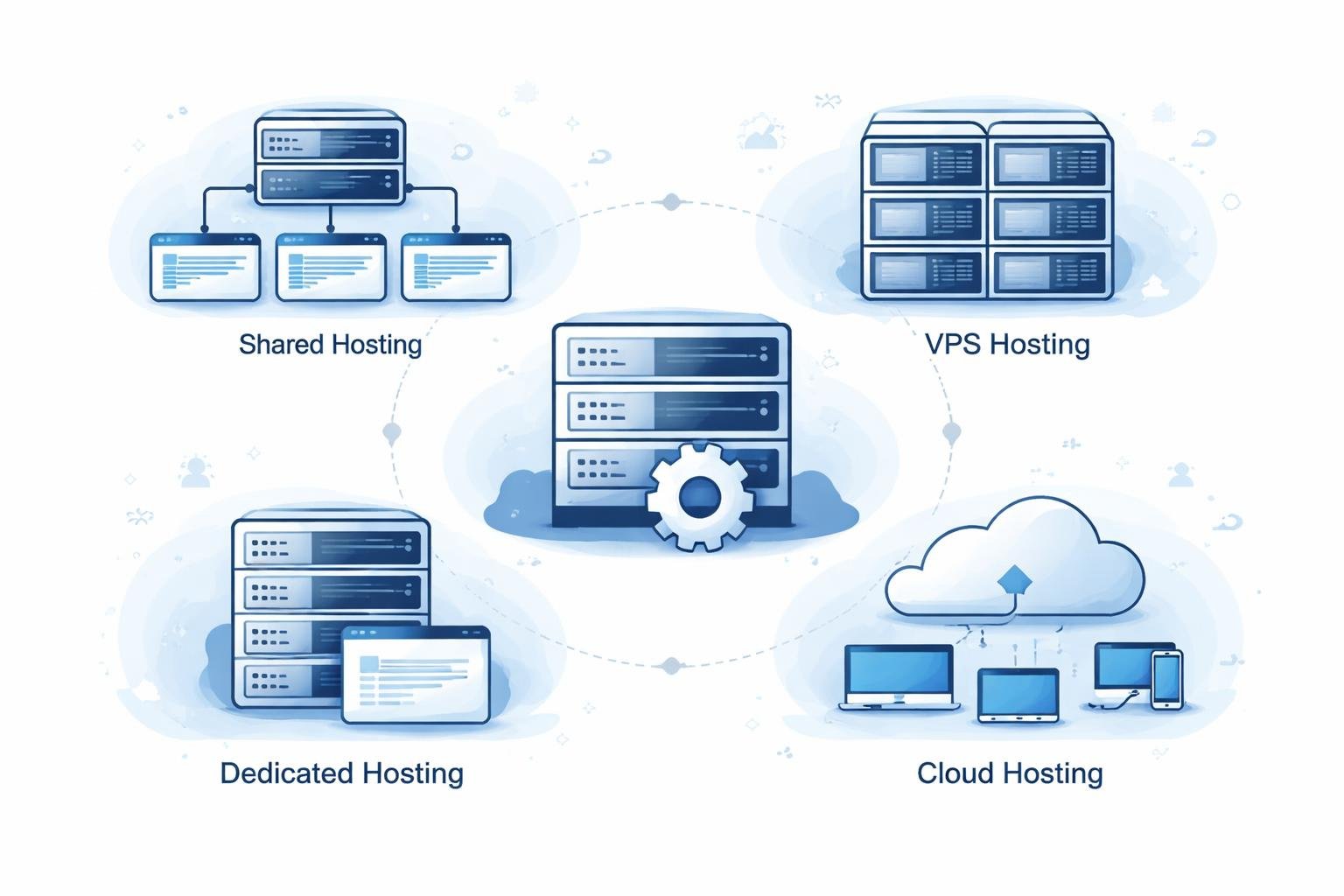 Web Hosting Types Explained: Comprehensive Guide to Hosting Options 2 Illustration showing different types of web hosting with servers, virtual compartments, and cloud connections arranged around a central server.