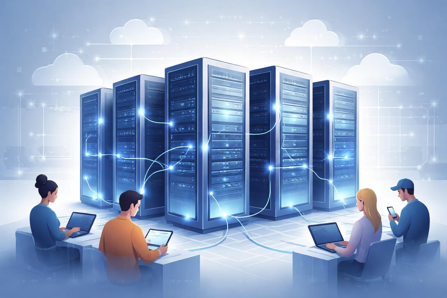 Web Hosting Types Explained: Comprehensive Guide to Hosting Options 3 A group of connected servers in a data center with multiple users accessing them simultaneously, representing shared web hosting.