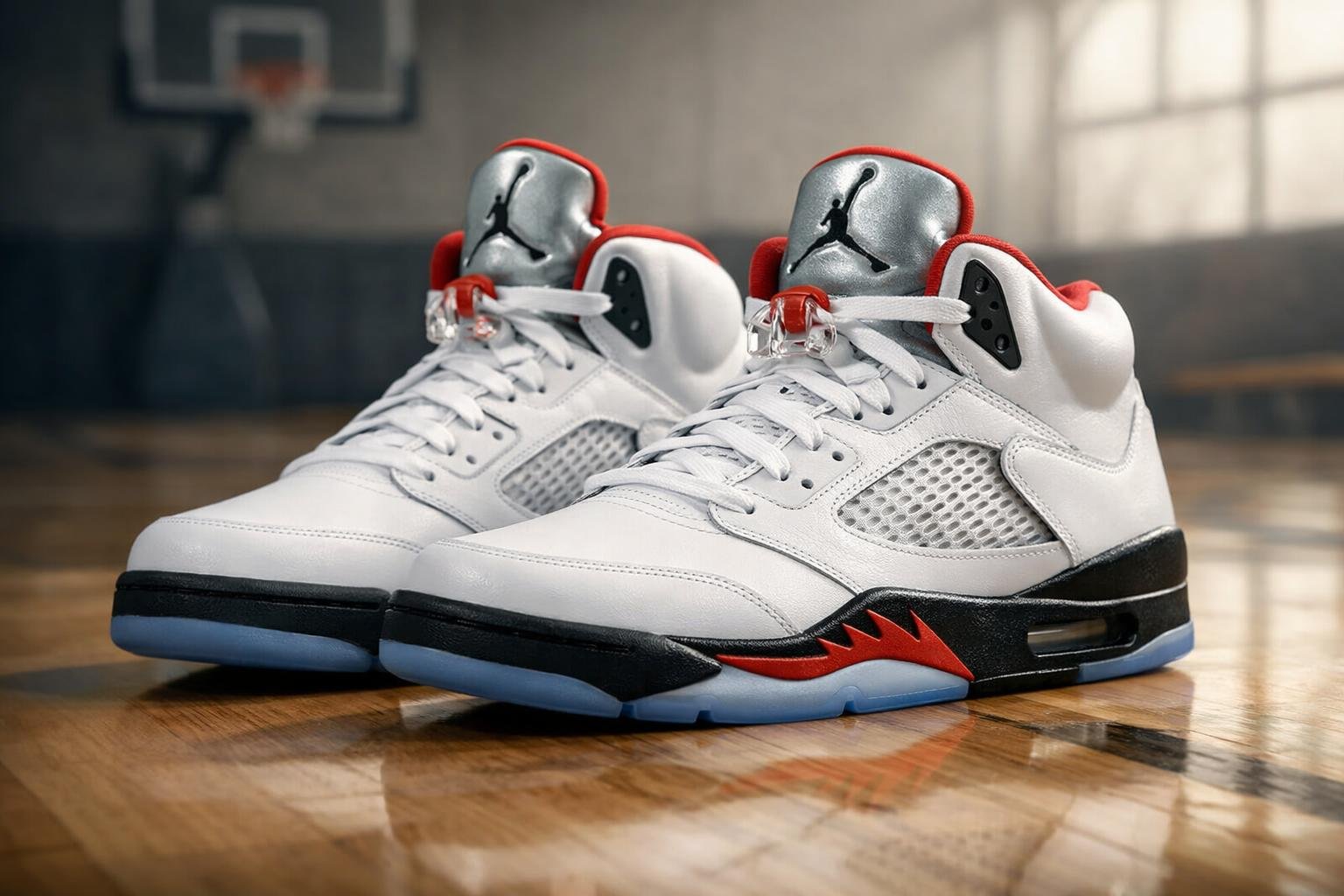 Sepasang sepatu Air Jordan 5 Retro diletakkan di atas permukaan bersih dengan latar belakang samar yang menampilkan suasana lapangan basket.