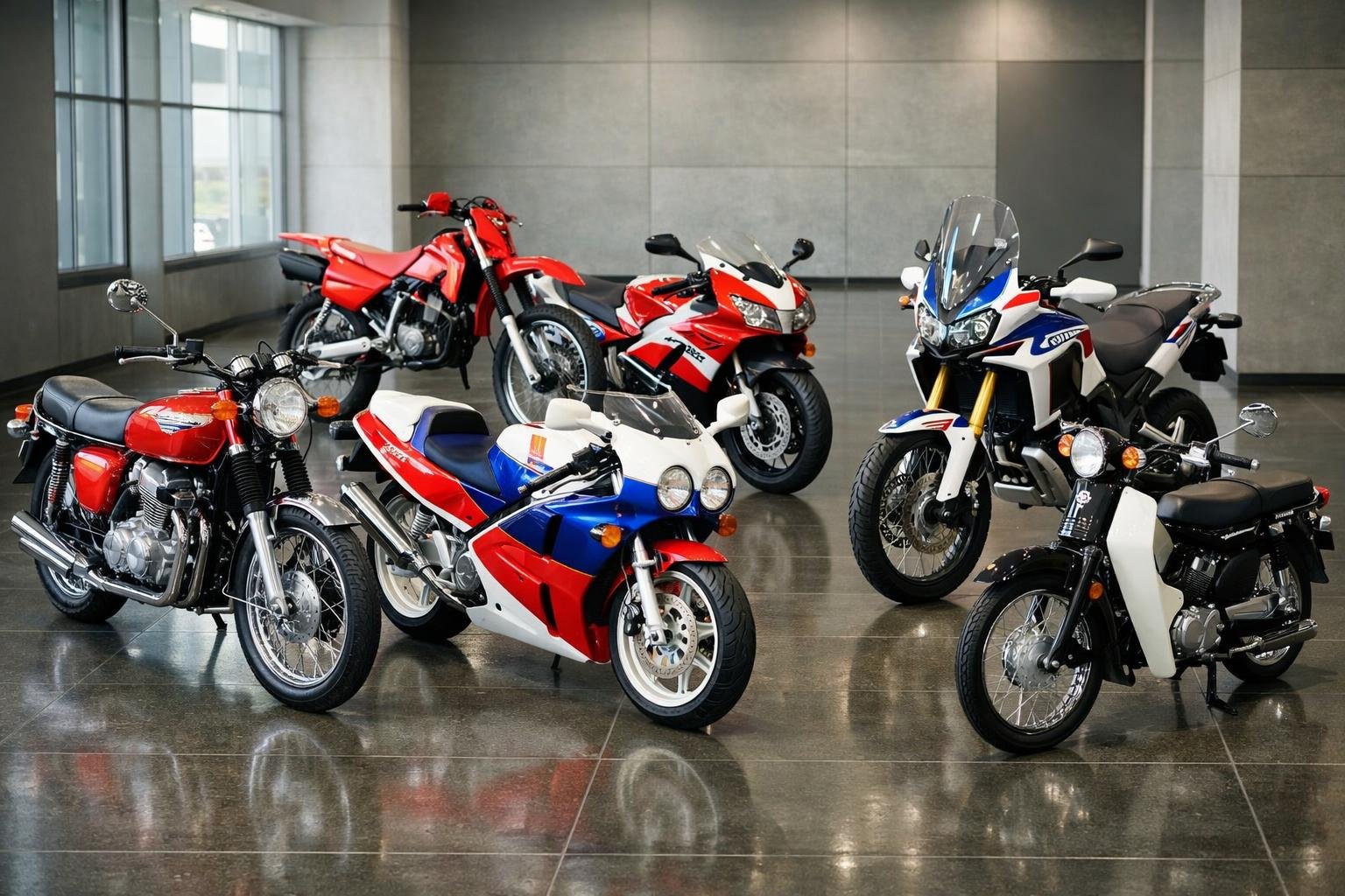 Beberapa motor Honda terbaik sepanjang masa dipajang di sebuah ruang pamer yang terang dan modern.