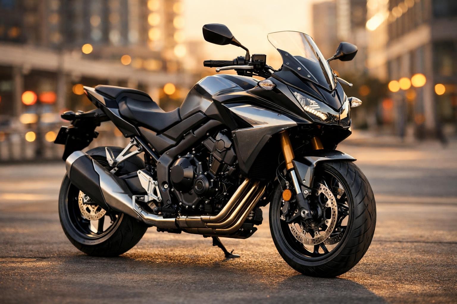 Sebuah sepeda motor Honda modern yang mengkilap dipajang di lingkungan perkotaan dengan latar belakang kota yang samar dan cahaya hangat.