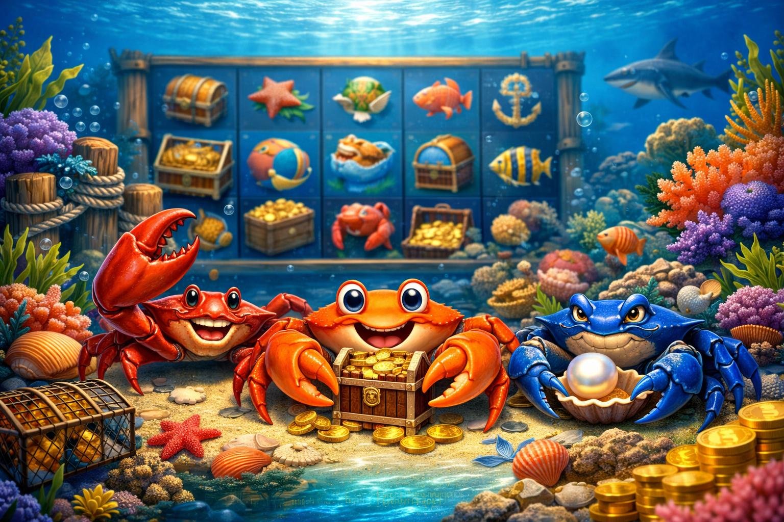 Pemandangan bawah laut dengan terumbu karang berwarna-warni, kepiting, dan mesin slot digital yang menyatu di latar belakang.