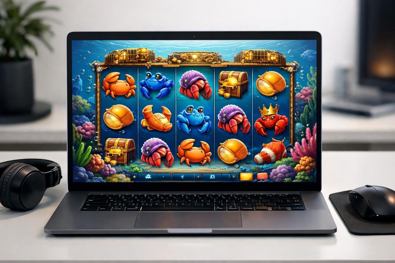 Tampilan layar permainan slot online bertema kepiting dengan latar bawah laut dan perangkat modern di meja kerja.