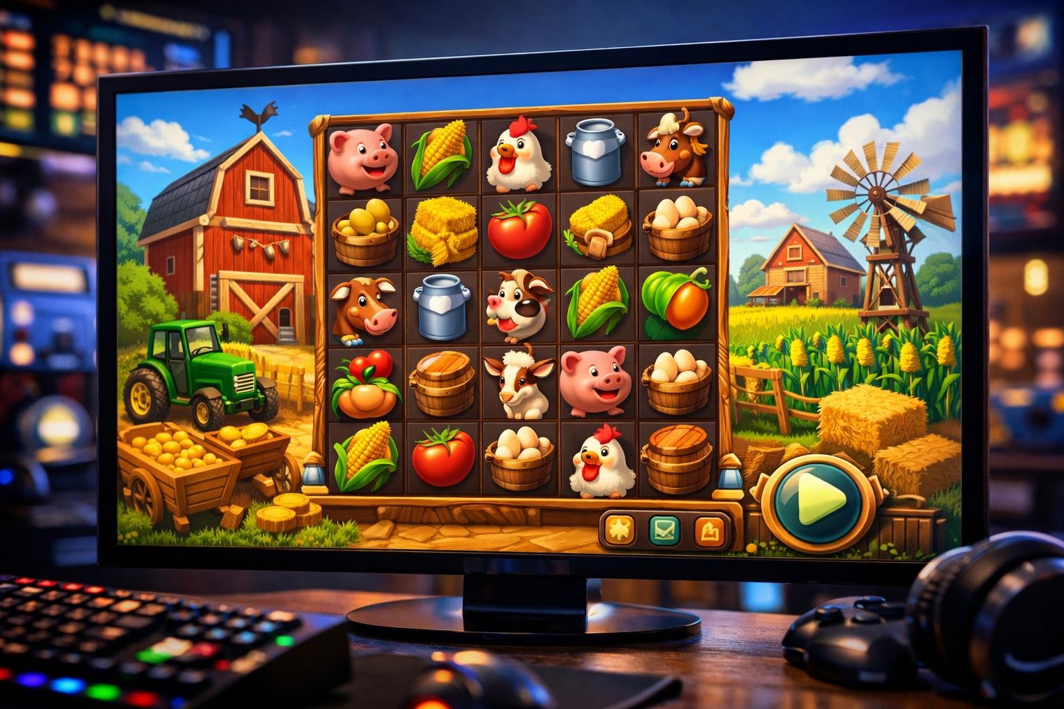 Tampilan antarmuka permainan online bertema pertanian dengan elemen barn, tanaman, dan hewan ternak yang berwarna-warni.