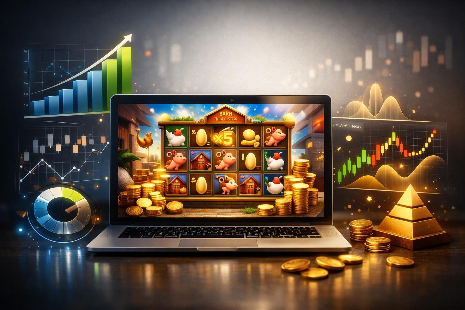 Sebuah komputer menampilkan grafik permainan slot online dengan elemen visual data seperti grafik dan angka yang menggambarkan RTP, volatilitas, dan potensi kemenangan.