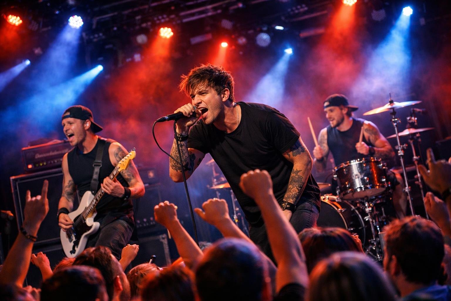 Penampilan band pop punk di atas panggung dengan lampu warna-warni dan penonton yang antusias.