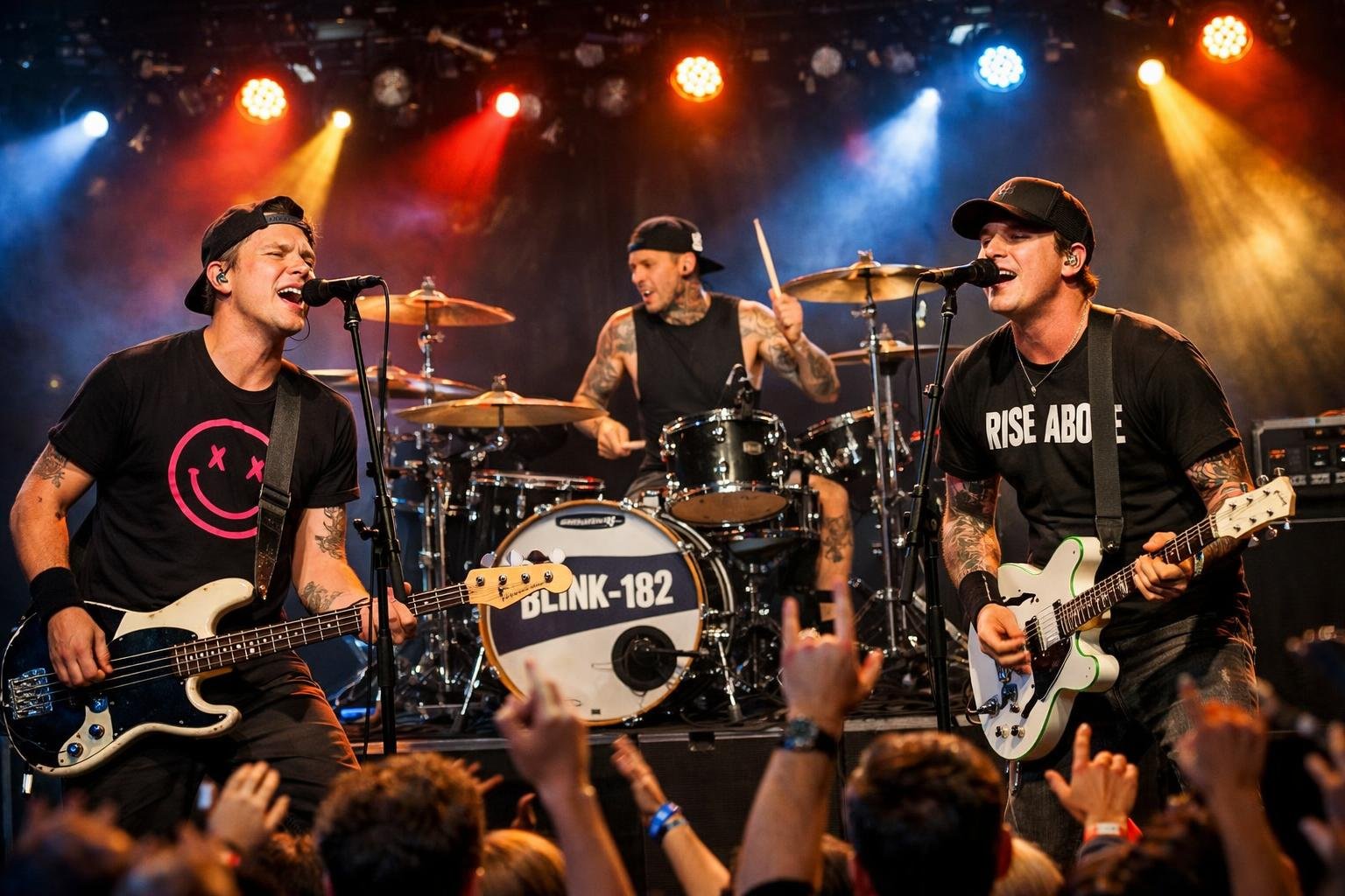 Tiga anggota band sedang tampil di atas panggung dengan alat musik, dikelilingi pencahayaan warna-warni dan penonton yang menikmati konser.