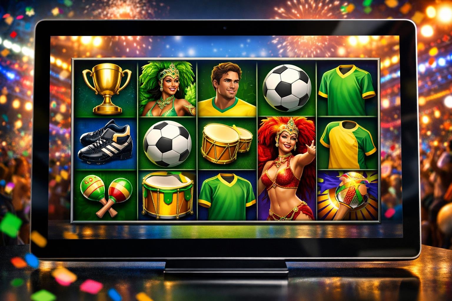 Tampilan antarmuka permainan slot online bertema sepak bola samba dengan simbol bola, piala, dan penari samba.
