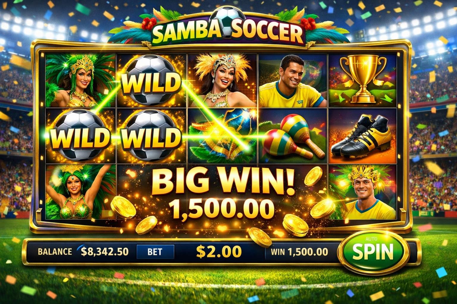 Layar permainan slot online bertema samba sepak bola dengan latar stadion penuh penonton dan lampu sorot.