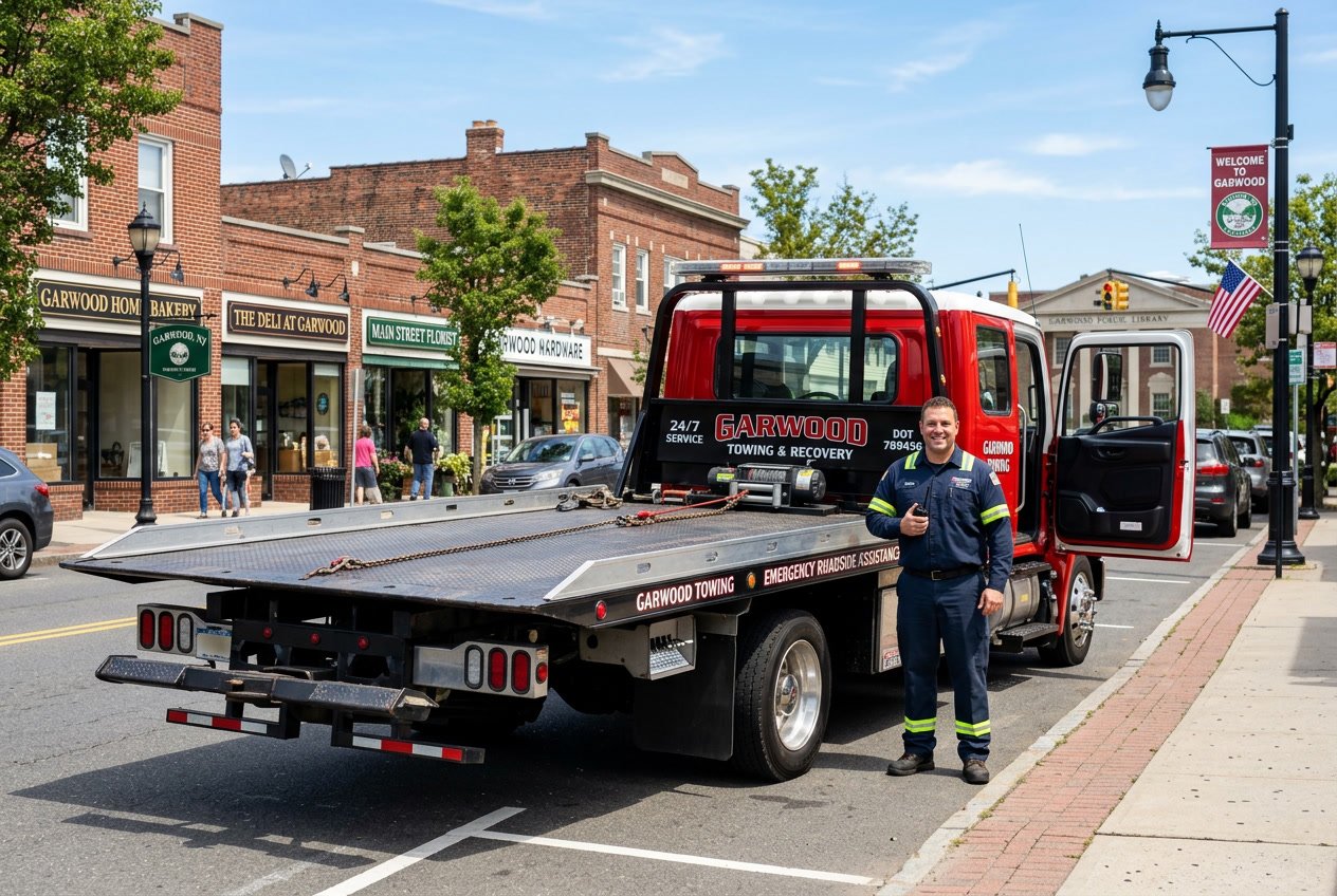 A medium duty tow truck parked on a street in Garwood, New Jersey, with a driver standing beside it and local buildings in the background.