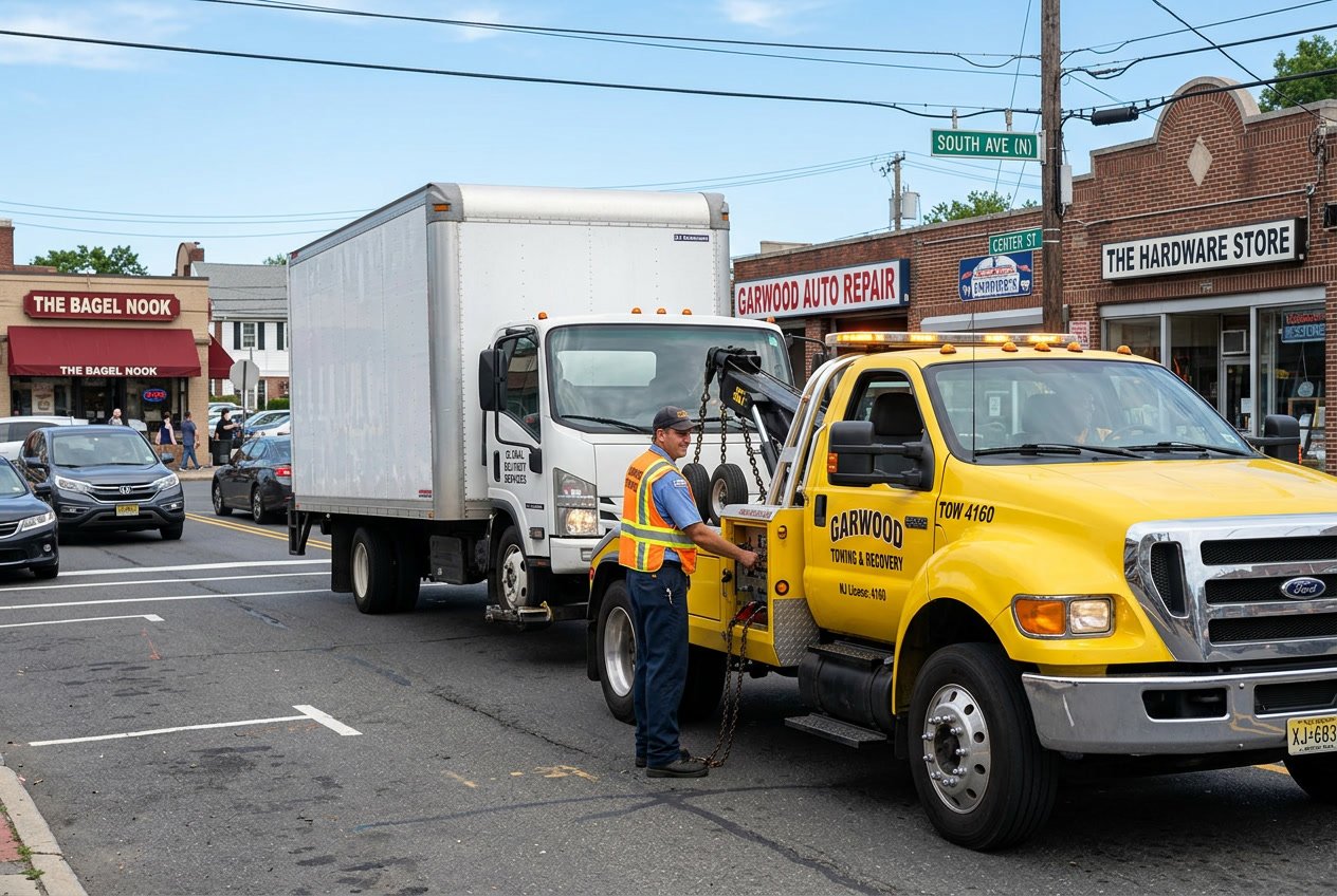 A medium duty tow truck towing a medium-sized commercial vehicle on a street in Garwood, New Jersey, with the driver nearby.