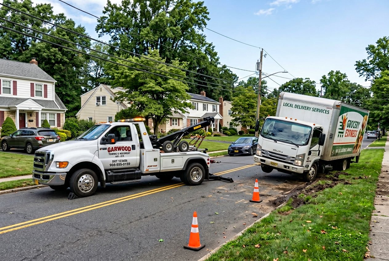 Medium duty tow truck recovering a stuck delivery truck on a suburban street near Garwood, New Jersey.