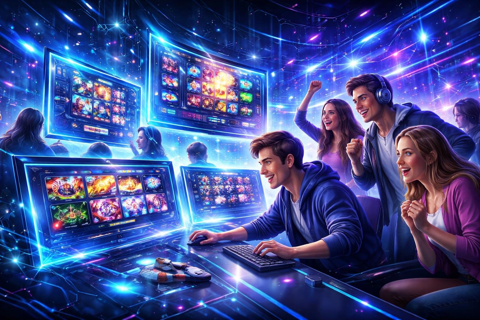 Beberapa pemain sedang bermain game online dengan antarmuka futuristik dan latar belakang teknologi yang menunjukkan koneksi dan stabilitas.