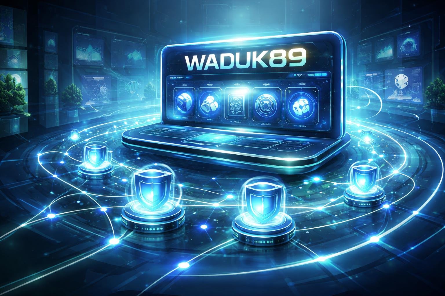 Ilustrasi platform game online modern dengan antarmuka digital yang stabil dan aman, menampilkan aliran data dan koneksi yang terhubung dengan latar belakang biru dan hijau.