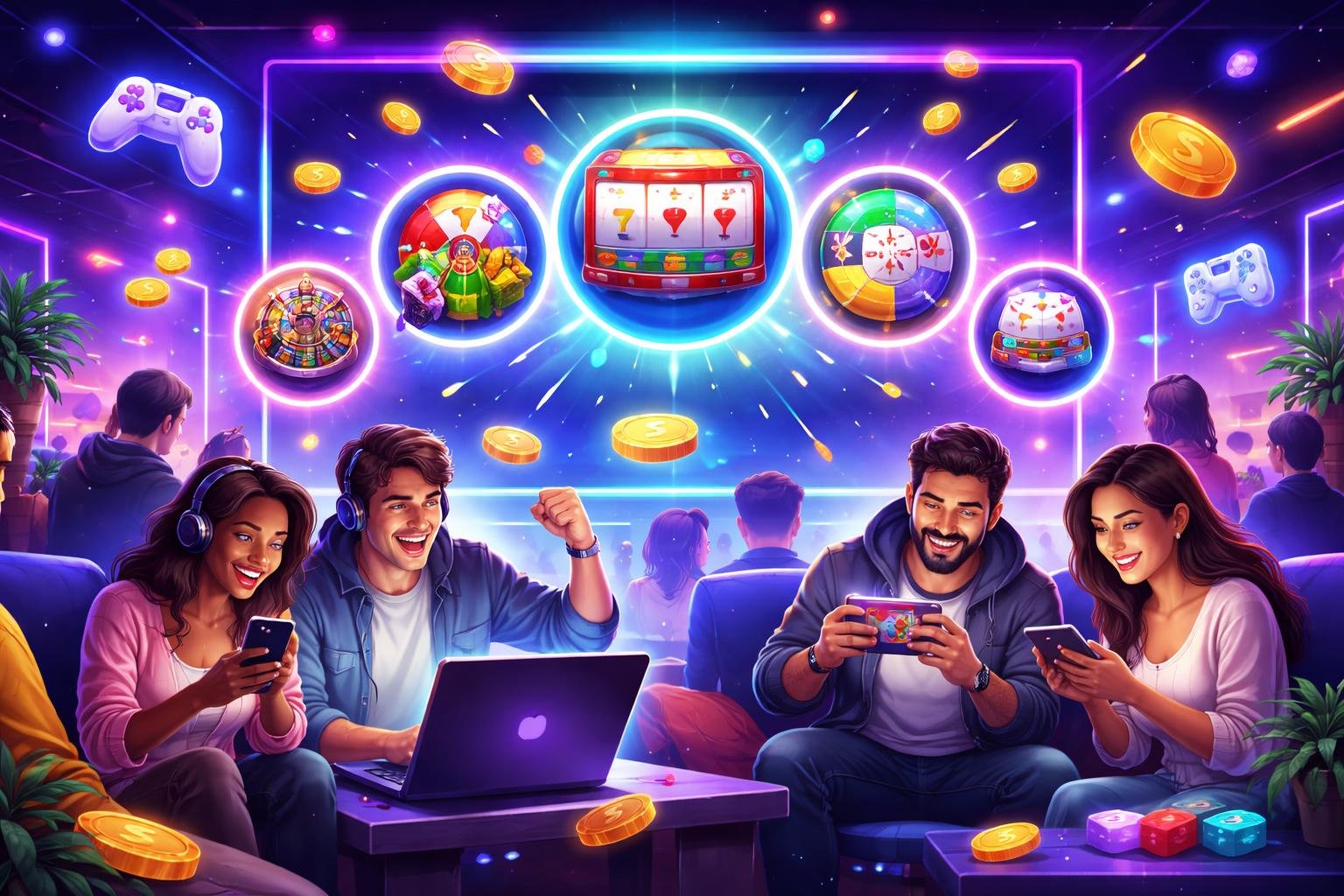 Beberapa orang sedang bermain game online dengan antusias di sebuah ruang santai yang modern dan nyaman.