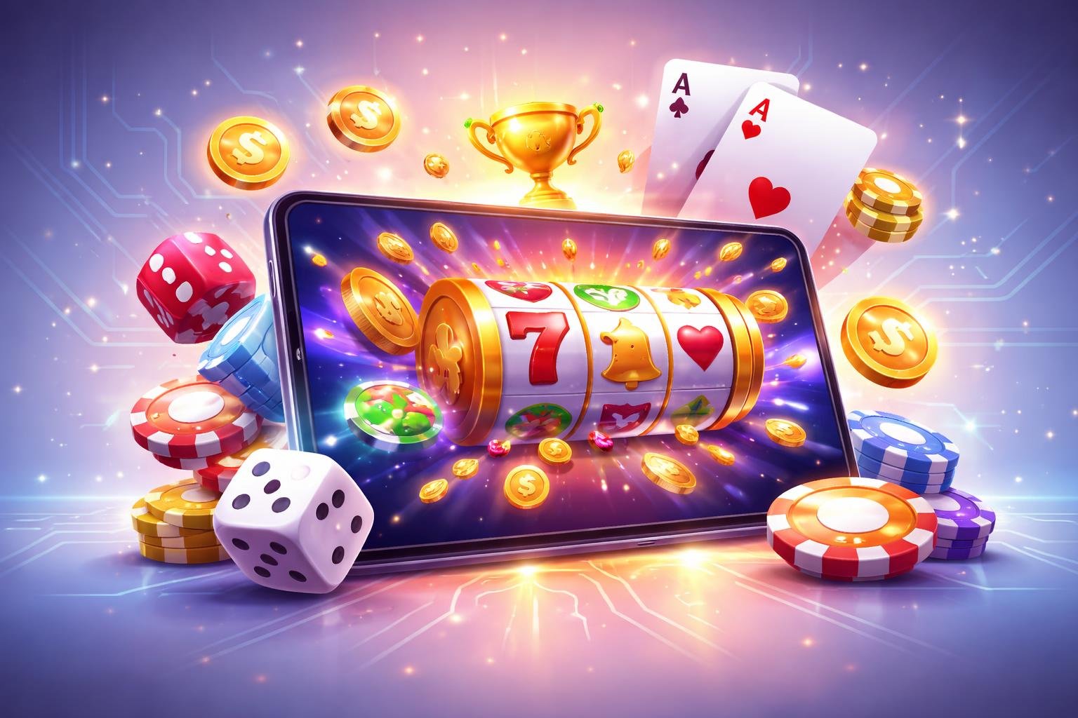Ilustrasi profesional yang menampilkan layar perangkat dengan elemen permainan online seperti gulungan slot, dadu, dan kartu, dikelilingi ikon yang melambangkan kemudahan kemenangan dan hadiah.