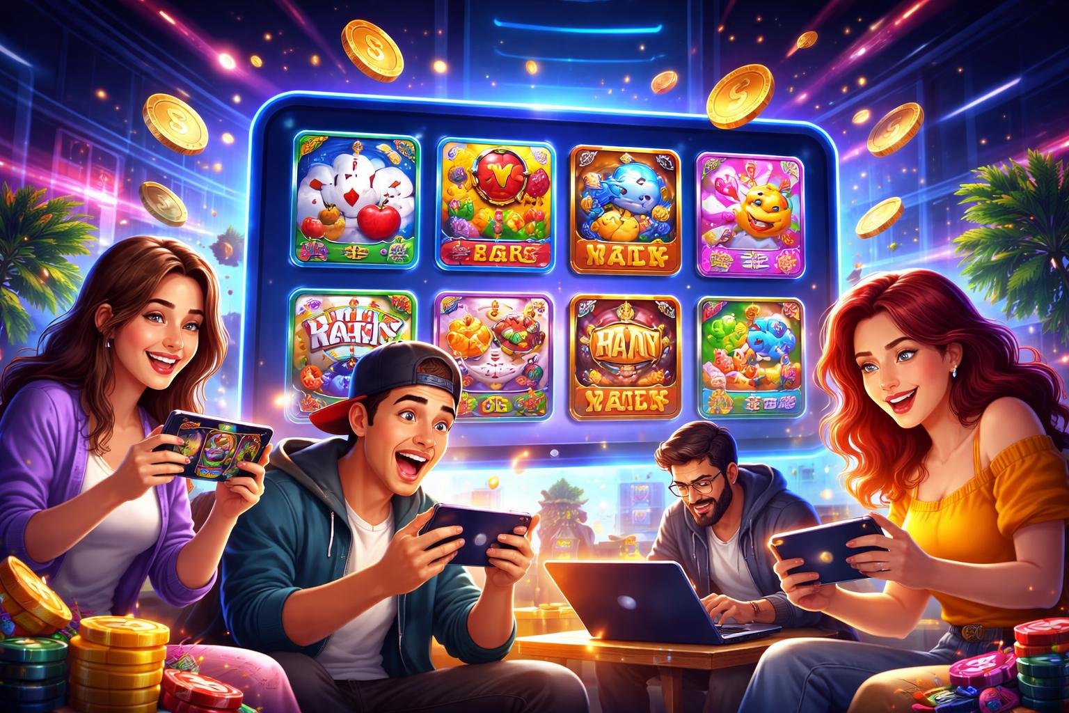 Ilustrasi platform permainan daring dengan berbagai ikon permainan dan beberapa pemain menggunakan perangkat seperti ponsel dan laptop.