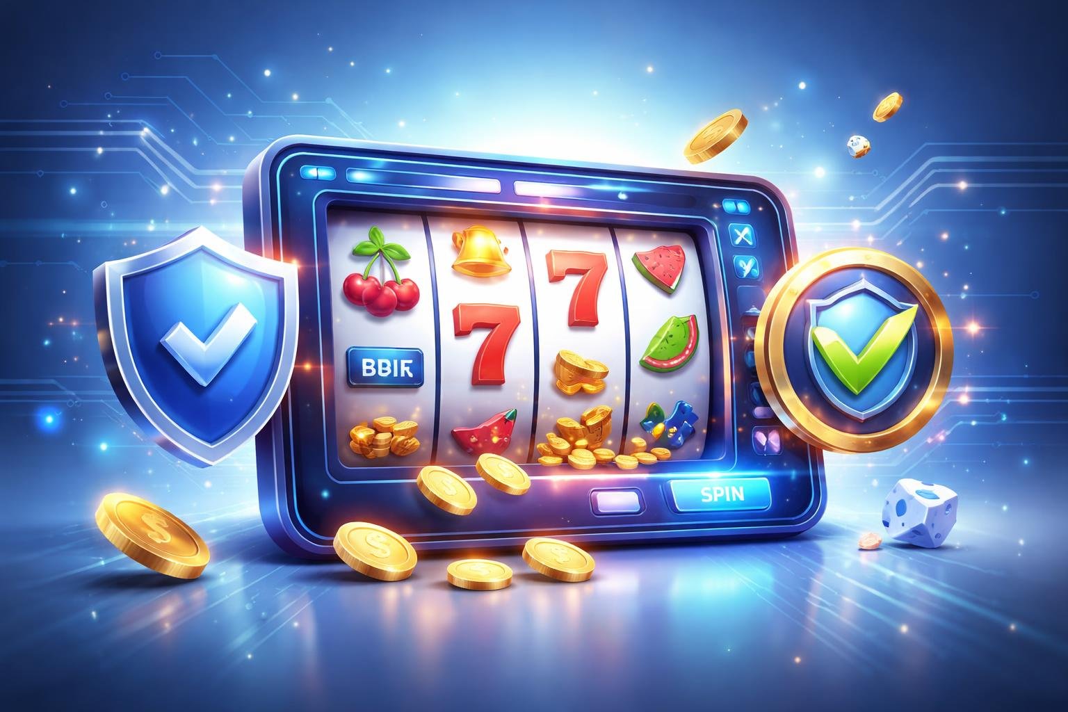 Ilustrasi antarmuka permainan slot online dengan simbol warna-warni dan elemen keamanan di latar belakang biru.