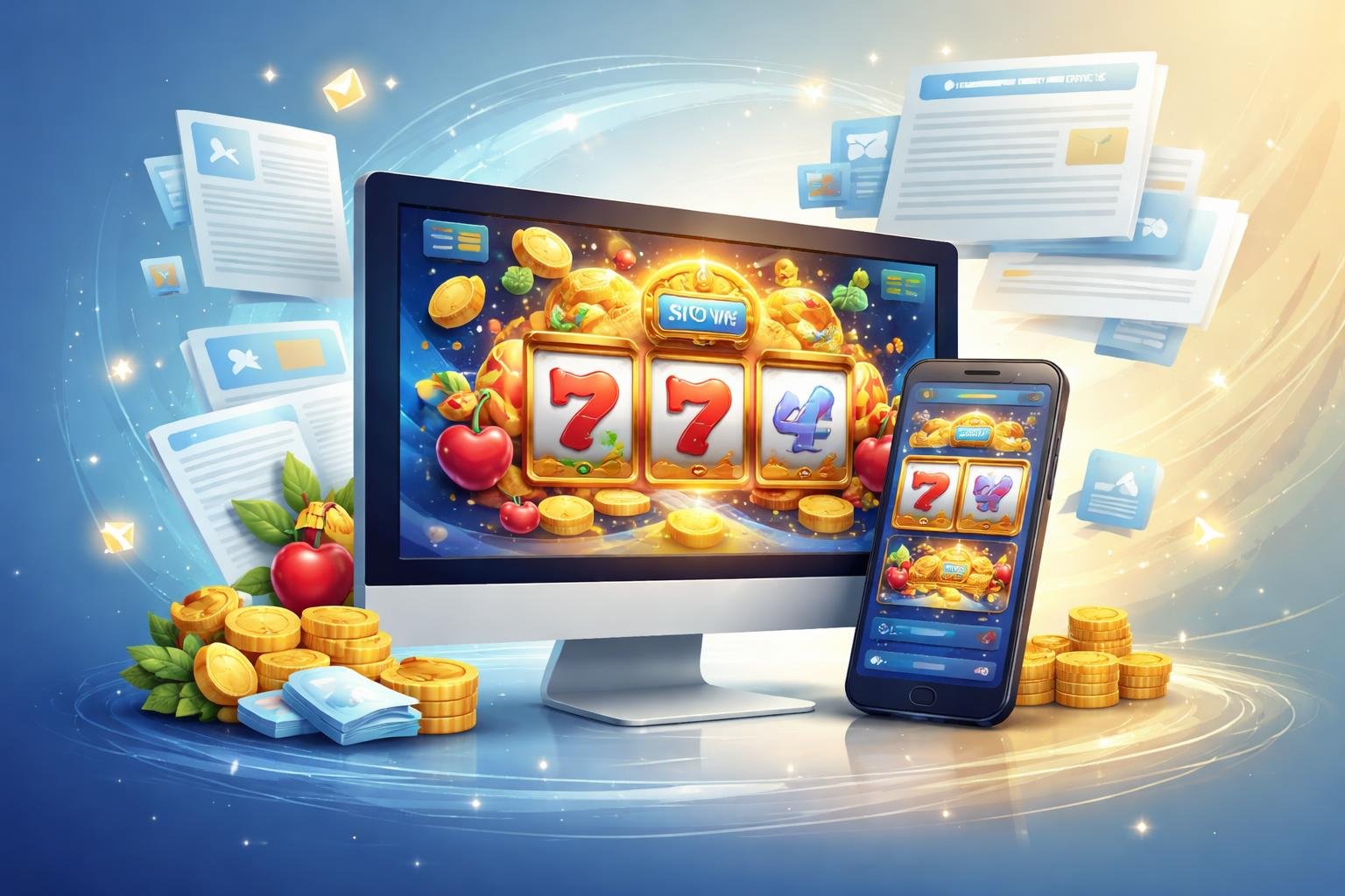 Ilustrasi perangkat elektronik menampilkan permainan slot online dengan ikon dan elemen berita digital di latar belakang yang modern dan profesional.