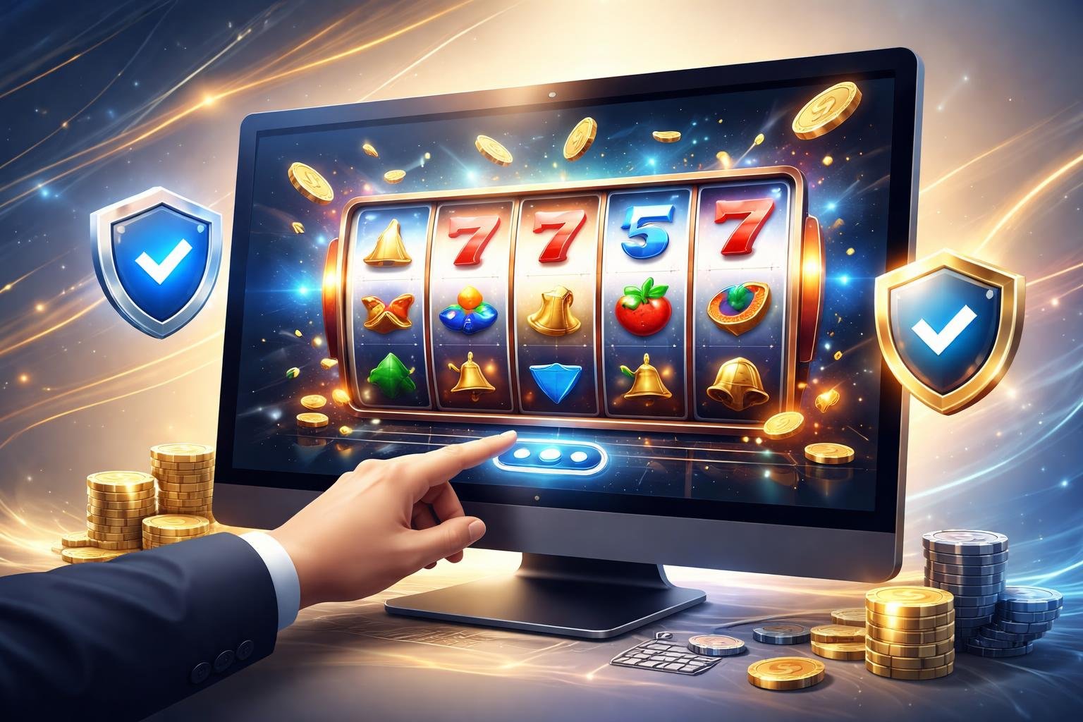 Ilustrasi profesional yang menunjukkan antarmuka situs slot online dengan layar komputer menampilkan gulungan mesin slot berwarna-warni dan elemen keamanan yang menandakan kepercayaan pengguna.