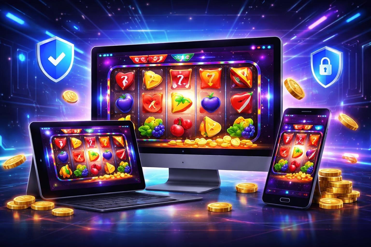 Tampilan perangkat digital yang menunjukkan permainan slot online dengan latar belakang futuristik dan elemen keamanan.