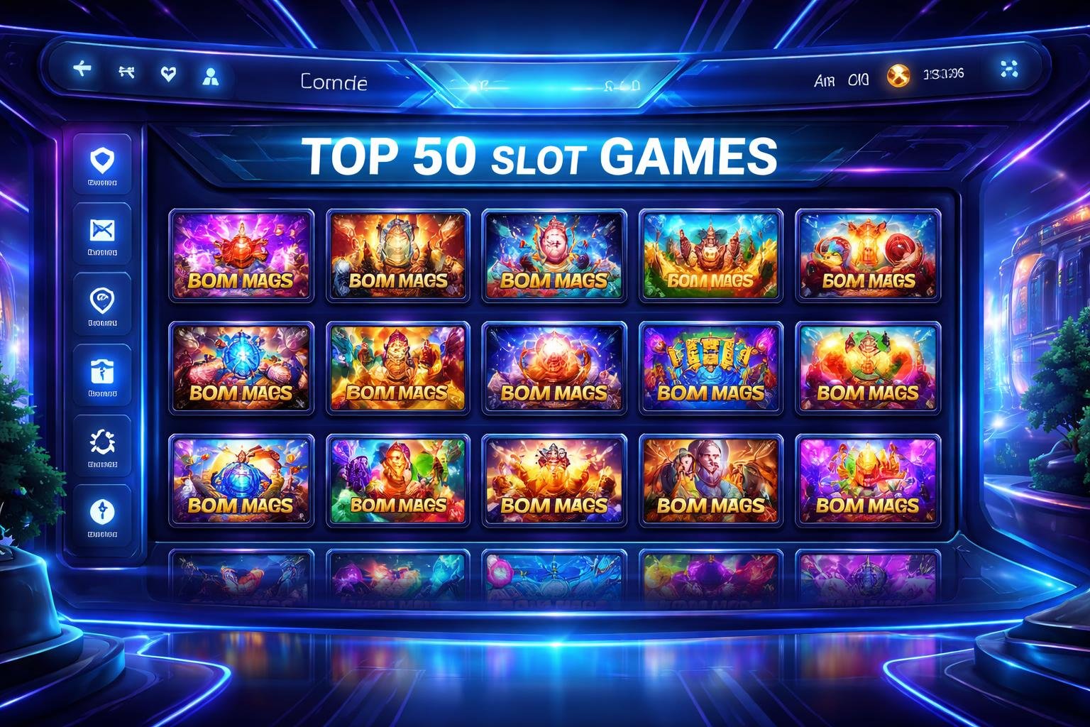Ilustrasi antarmuka kasino online modern dengan 50 permainan slot berwarna-warni yang ditampilkan dalam grid di latar belakang futuristik berwarna biru dan ungu.