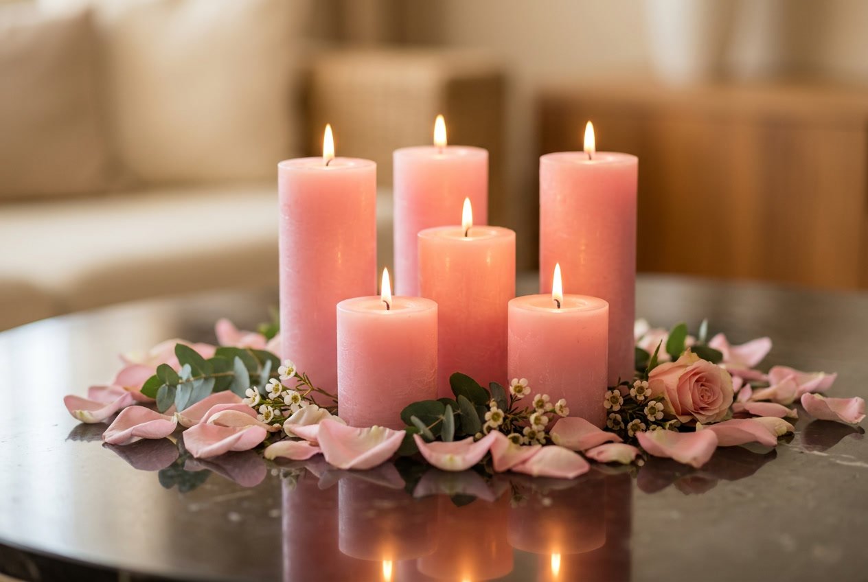 Several lit pink candles surrounded by rose petals and greenery on a reflective surface.