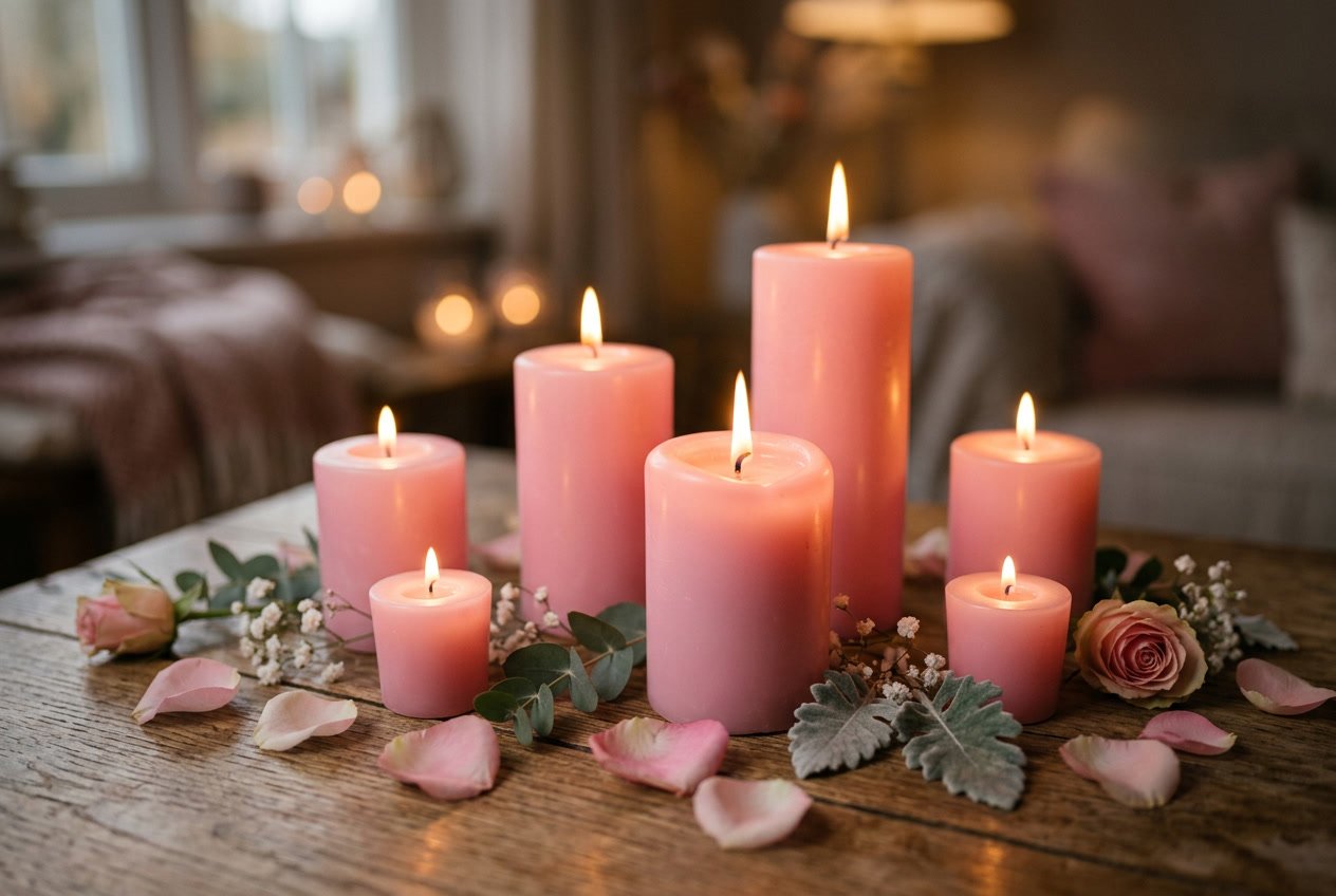 A close-up of softly glowing pink candles surrounded by rose petals and greenery on a wooden surface.